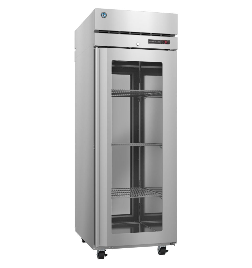 A stainless steel commercial refrigerator with a glass door, three wire shelves, a digital control panel, and caster wheels.