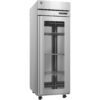 A stainless steel commercial refrigerator with a glass door, three wire shelves, a digital control panel, and caster wheels.