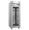 A stainless steel commercial refrigerator with a glass door, three wire shelves, a digital control panel, and caster wheels.