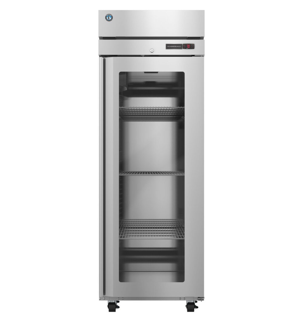 Commercial stainless steel refrigerator with a glass door, three wire shelves, and digital temperature display, standing on wheels.