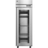 Commercial stainless steel refrigerator with a glass door, three wire shelves, and digital temperature display, standing on wheels.