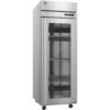 Stainless steel commercial refrigerator with a glass door, three interior wire shelves, digital display, and caster wheels.