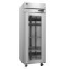 Stainless steel commercial refrigerator with a glass door, three interior wire shelves, digital display, and caster wheels.