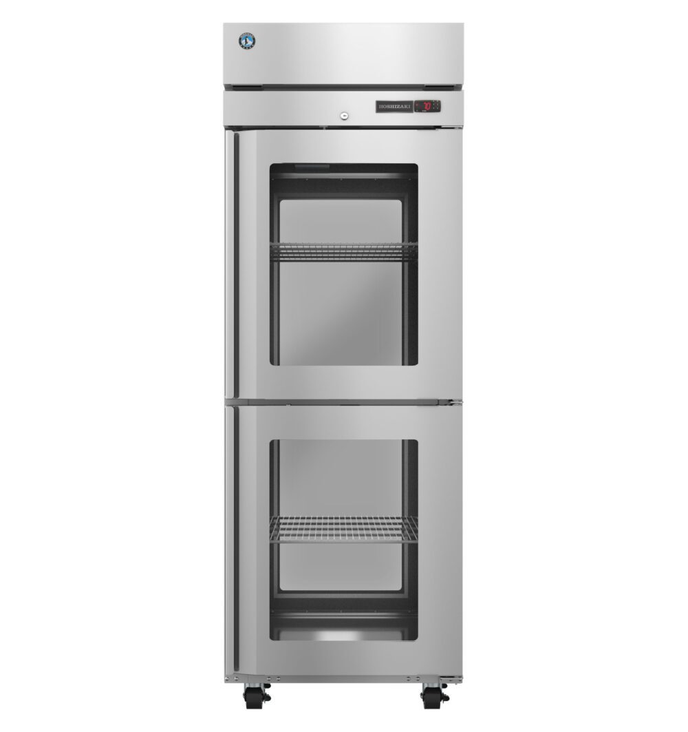 Commercial stainless steel refrigerator with two glass doors, digital temperature display, interior shelves, and wheels at the bottom for mobility.
