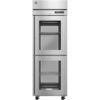 Commercial stainless steel refrigerator with two glass doors, digital temperature display, interior shelves, and wheels at the bottom for mobility.
