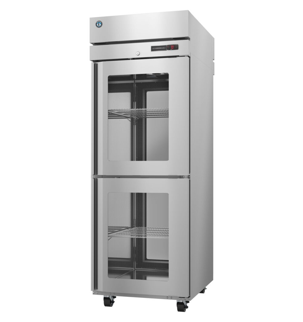 A commercial stainless steel refrigerator with two glass doors, wire shelves inside, and caster wheels at the base.