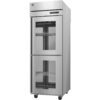 A commercial stainless steel refrigerator with two glass doors, wire shelves inside, and caster wheels at the base.