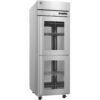 A stainless steel commercial refrigerator with double glass doors, wire shelves inside, and wheels at the base.
