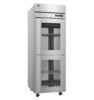 A stainless steel commercial refrigerator with double glass doors, wire shelves inside, and wheels at the base.