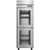 A stainless steel commercial refrigerator with two glass doors, visible shelves inside, and a digital display panel on the top section.