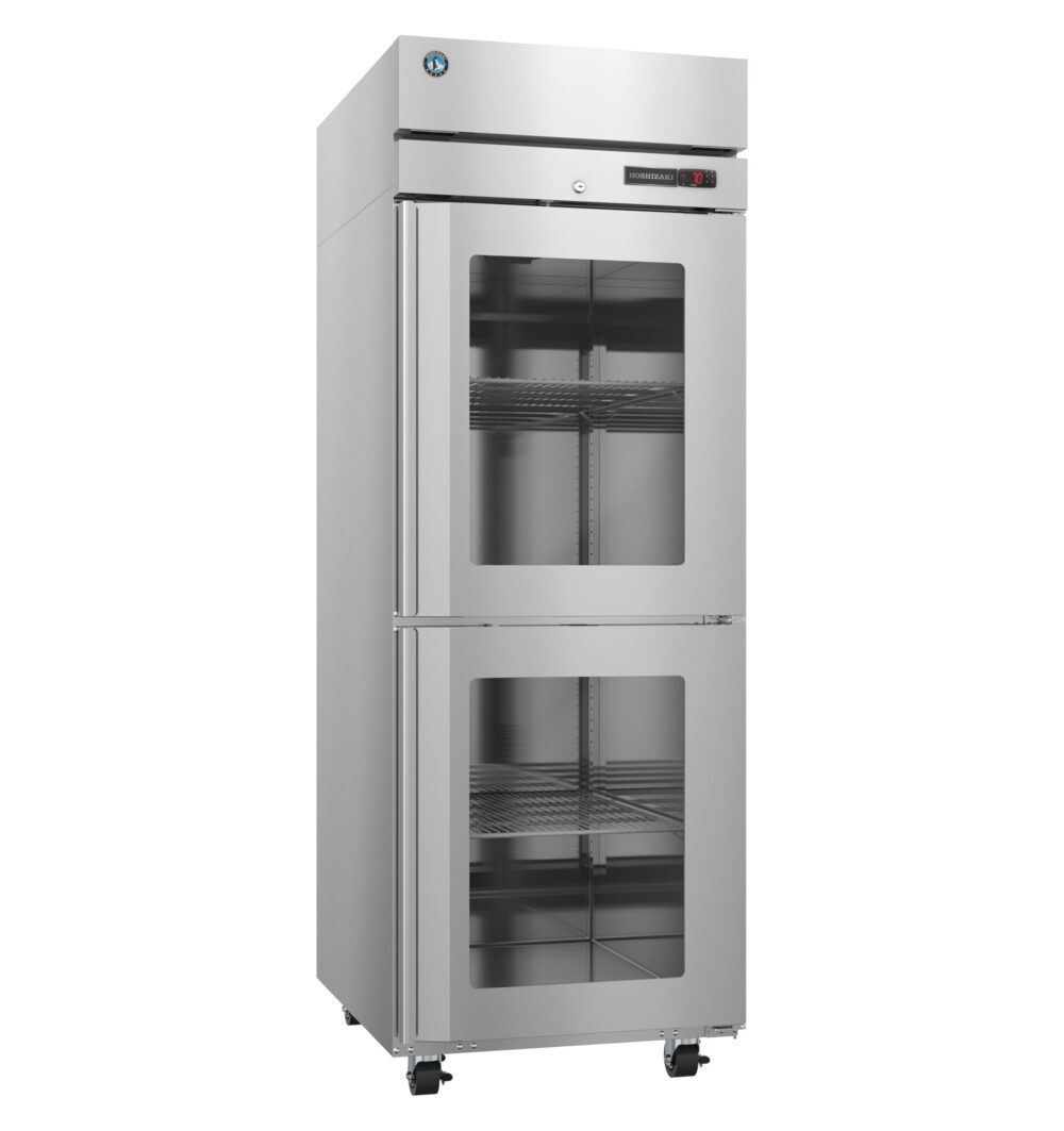 A commercial stainless steel refrigerator with two glass doors, metal shelves inside, digital temperature display, and wheels at the base.