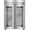 A stainless steel commercial refrigerator with double glass doors and multiple wire shelves, shown empty against a white background.