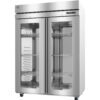 Commercial stainless steel double-door glass-front refrigerator with adjustable wire shelves and digital temperature display.