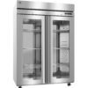 Commercial stainless steel double-door refrigerator with glass doors, adjustable wire shelves, and digital temperature display on the upper right.