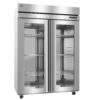 Commercial stainless steel double-door refrigerator with glass doors, adjustable wire shelves, and digital temperature display on the upper right.