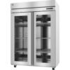 A commercial stainless steel double-door refrigerator with glass doors, metal shelves, and a digital temperature display on the top right.