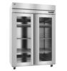 A stainless steel commercial refrigerator with two glass doors, multiple interior shelves, and casters for mobility.