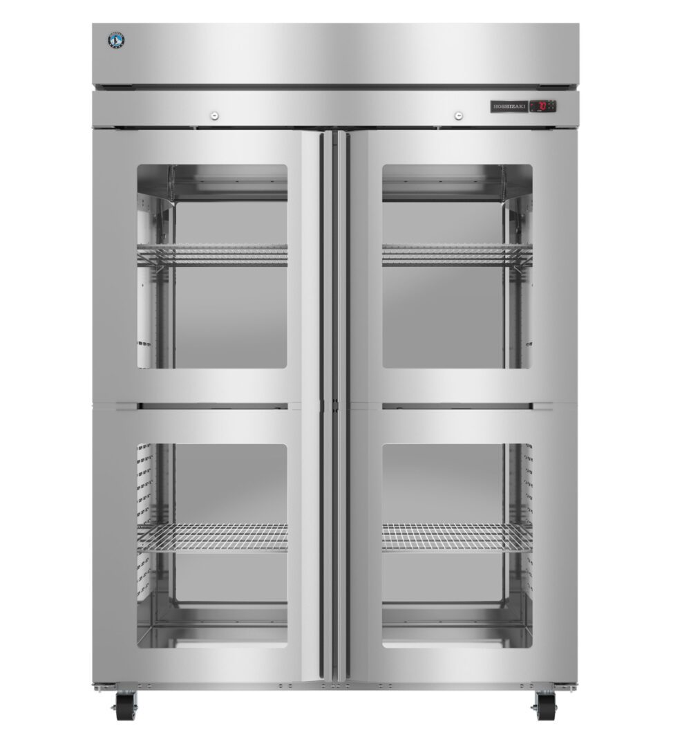 A stainless steel commercial refrigerator with four glass doors and adjustable wire shelves, standing on wheels.