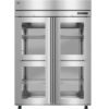 A stainless steel commercial refrigerator with four glass doors and adjustable wire shelves, standing on wheels.