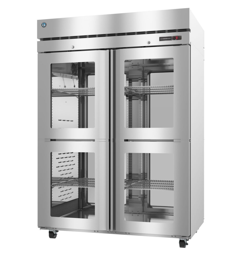 Commercial stainless steel refrigerator with four glass doors, metal shelves inside, and casters for mobility.