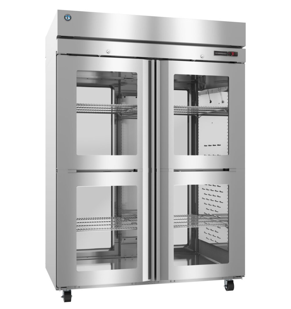 A commercial stainless steel refrigerator with four glass doors and multiple wire shelves, shown on wheels.