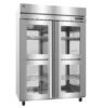 A commercial stainless steel refrigerator with four glass doors and multiple wire shelves, shown on wheels.