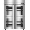 Commercial stainless steel refrigerator with four glass doors and multiple wire shelves, viewed from the front.