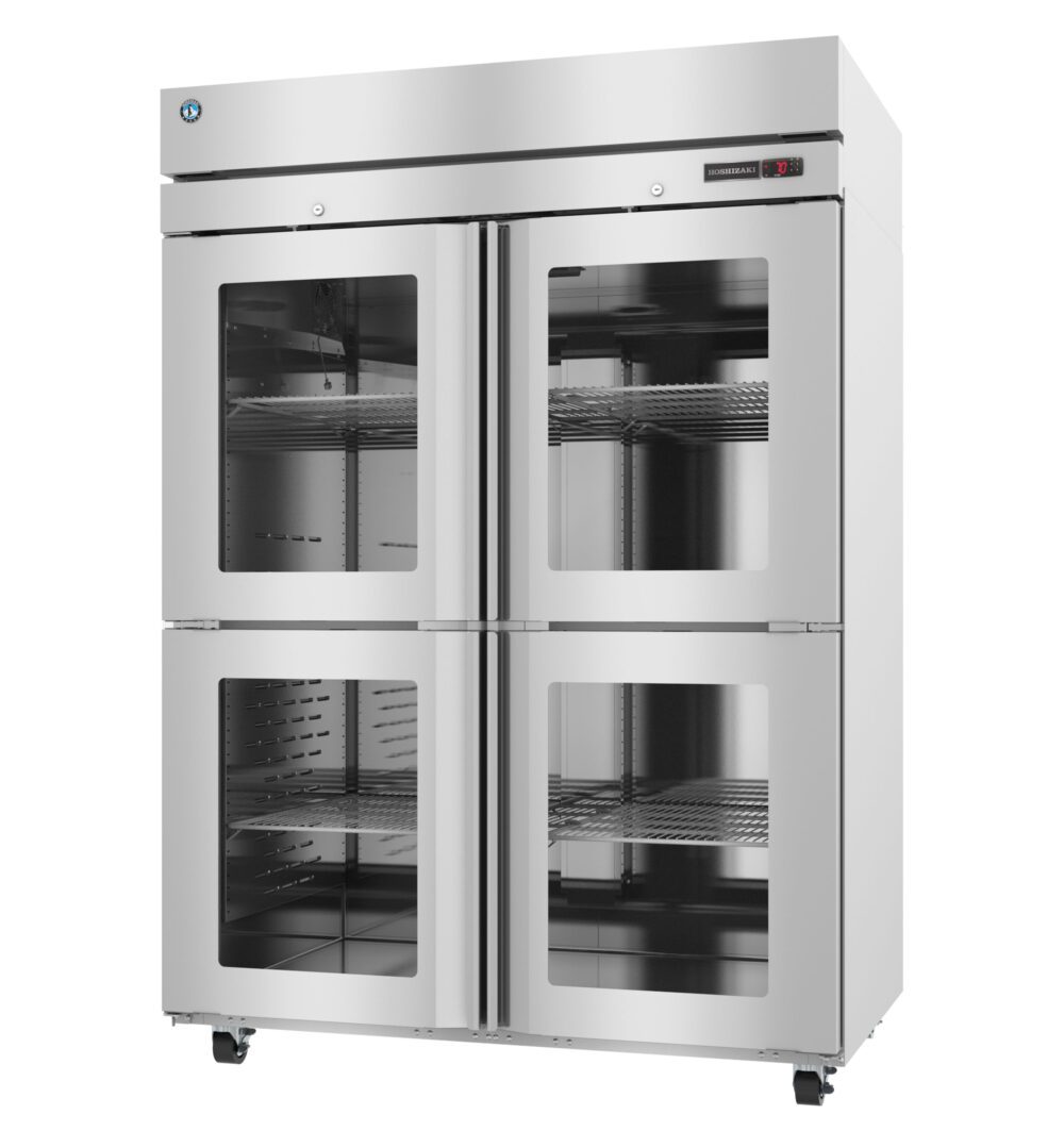 A commercial stainless steel refrigerator with four glass doors, interior shelving, digital display, and casters for mobility.