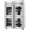 A commercial stainless steel refrigerator with four glass doors, interior shelving, digital display, and casters for mobility.