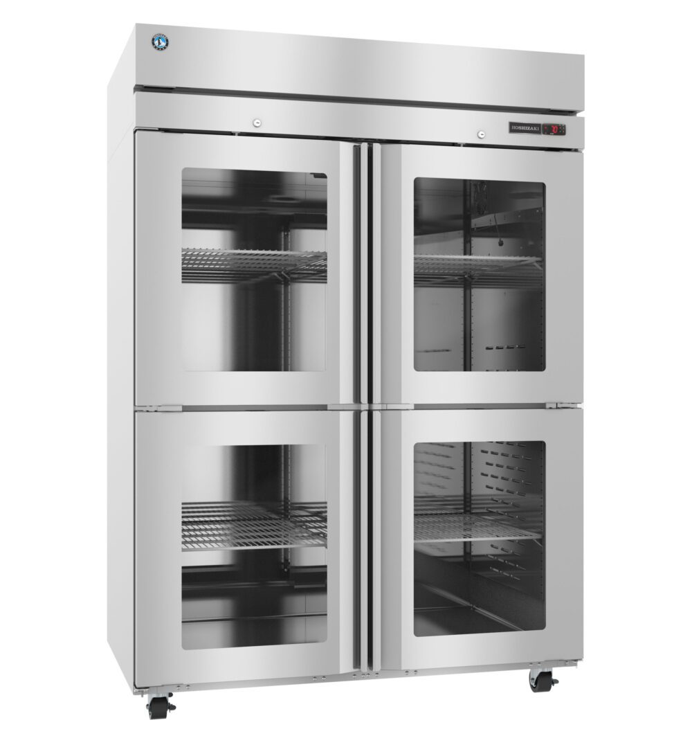 Commercial stainless steel refrigerator with four glass doors, interior shelving, and casters for mobility. Temperature display is visible on the upper right.