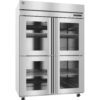 Commercial stainless steel refrigerator with four glass doors, interior shelving, and casters for mobility. Temperature display is visible on the upper right.