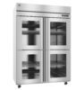 Commercial stainless steel refrigerator with four glass doors, interior shelving, and casters for mobility. Temperature display is visible on the upper right.