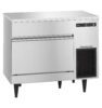 Commercial stainless steel undercounter ice maker with digital display, vent, and two storage drawers, standing on four black legs.