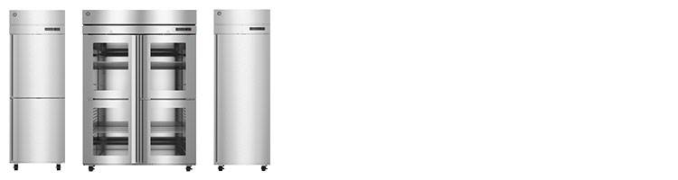Three commercial stainless steel refrigerators are shown side by side on a white background, with the middle unit featuring glass doors.