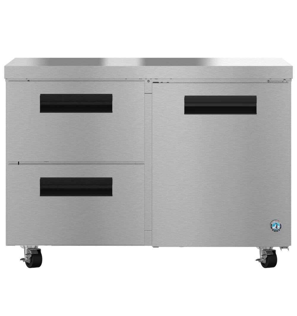 Stainless steel commercial refrigeration unit with two pull-out drawers on the left, one door on the right, and wheels for mobility.