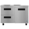 Stainless steel commercial refrigeration unit with two pull-out drawers on the left, one door on the right, and wheels for mobility.
