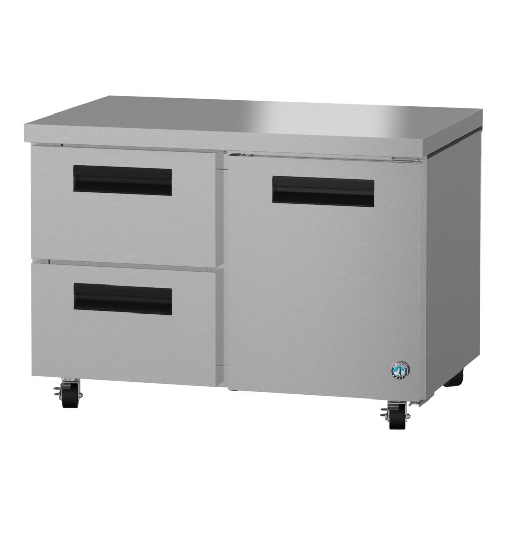 Stainless steel commercial refrigerator with two drawers, one door, black handles, and four caster wheels, shown against a white background.