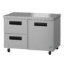 Stainless steel commercial refrigerator with two drawers, one door, black handles, and four caster wheels, shown against a white background.