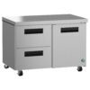 Stainless steel commercial refrigerator on wheels with two pull-out drawers on the left and a single door on the right.