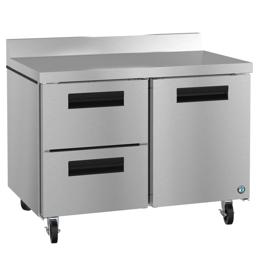 Commercial stainless steel refrigerated prep table with two drawers, one door, a backsplash, and four caster wheels.