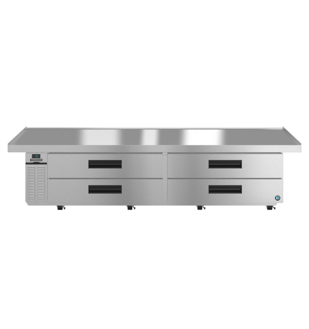 Stainless steel commercial refrigerator with four pull-out drawers and a digital temperature display on the left side.