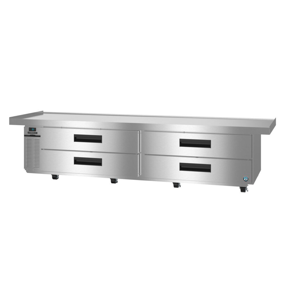 Stainless steel commercial refrigerated counter with four drawers, a flat work surface, and a small control panel on the left side.