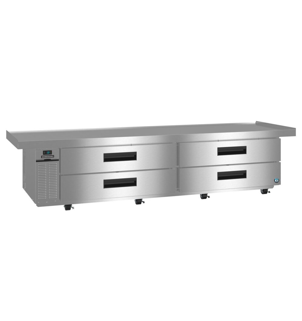 Stainless steel commercial refrigerated worktable with four pull-out drawers, digital control panel, and caster wheels, designed for use in professional kitchens.