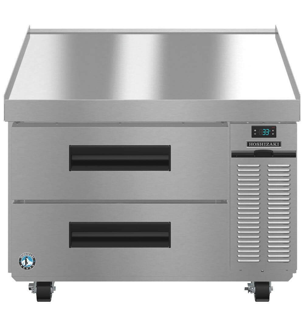 A stainless steel commercial refrigerator with two drawers, a digital temperature display, ventilation panel, and four wheels for mobility.