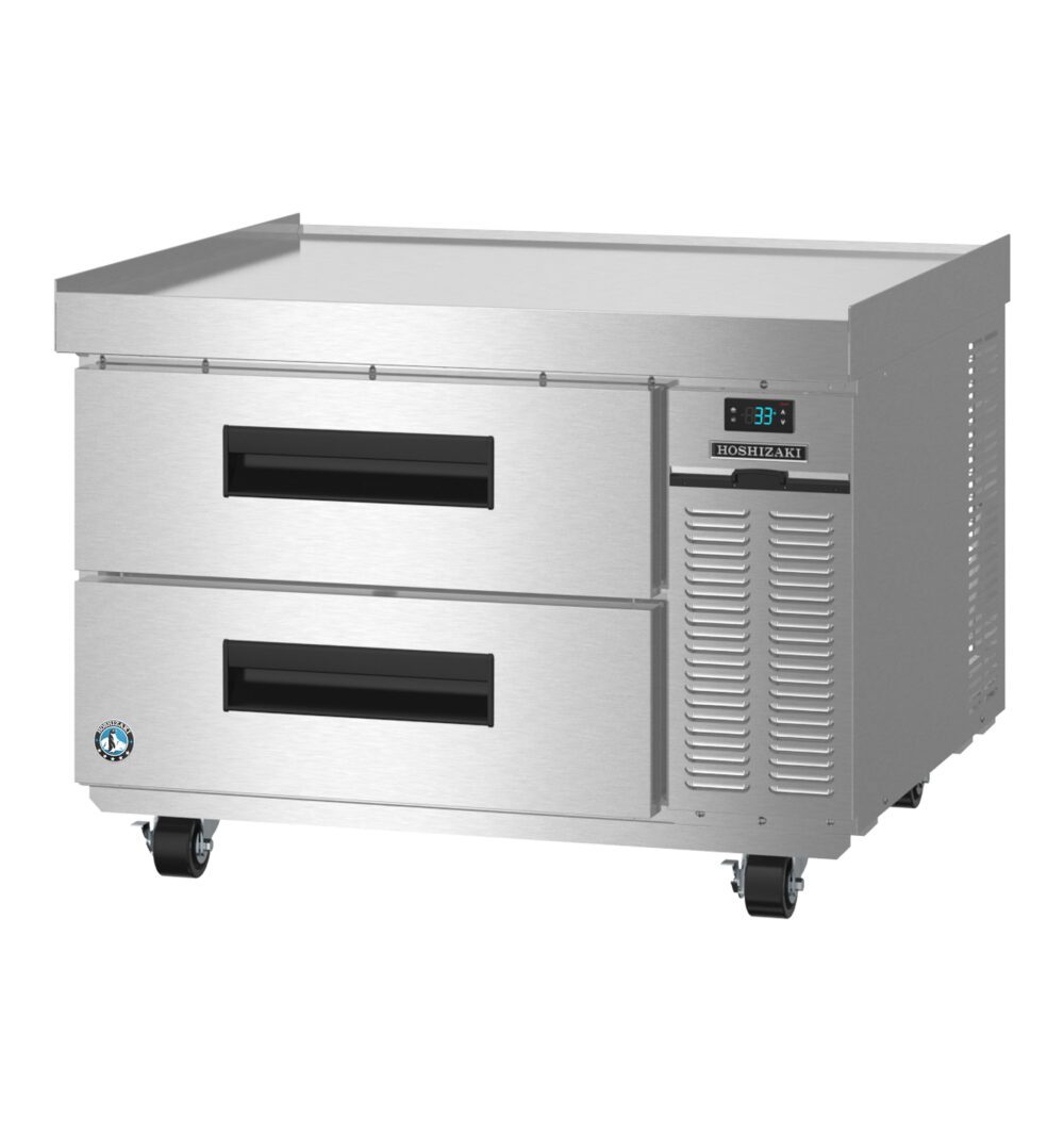 Stainless steel commercial refrigerator with two pull-out drawers, digital display, ventilation panel, and wheels for mobility.