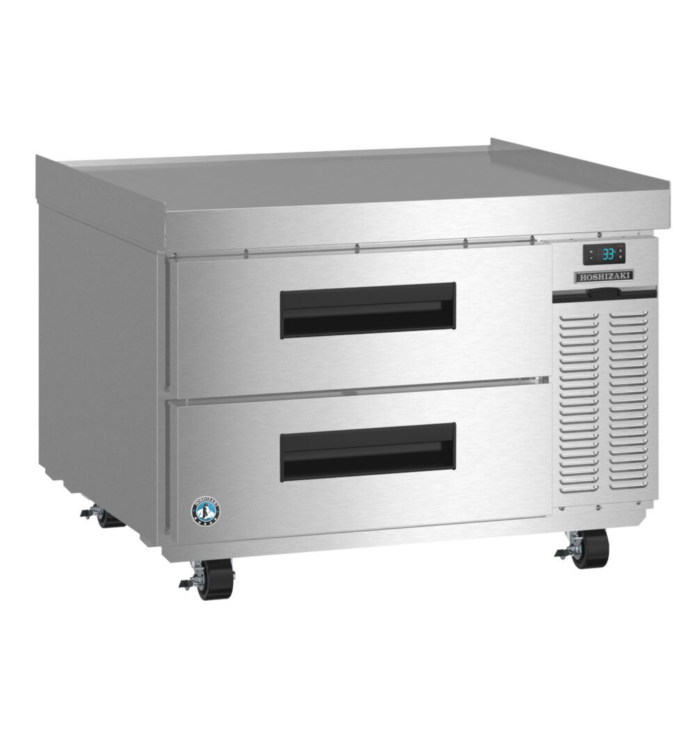 Stainless steel commercial refrigerator with two pull-out drawers, digital temperature display, ventilation panel, and caster wheels.