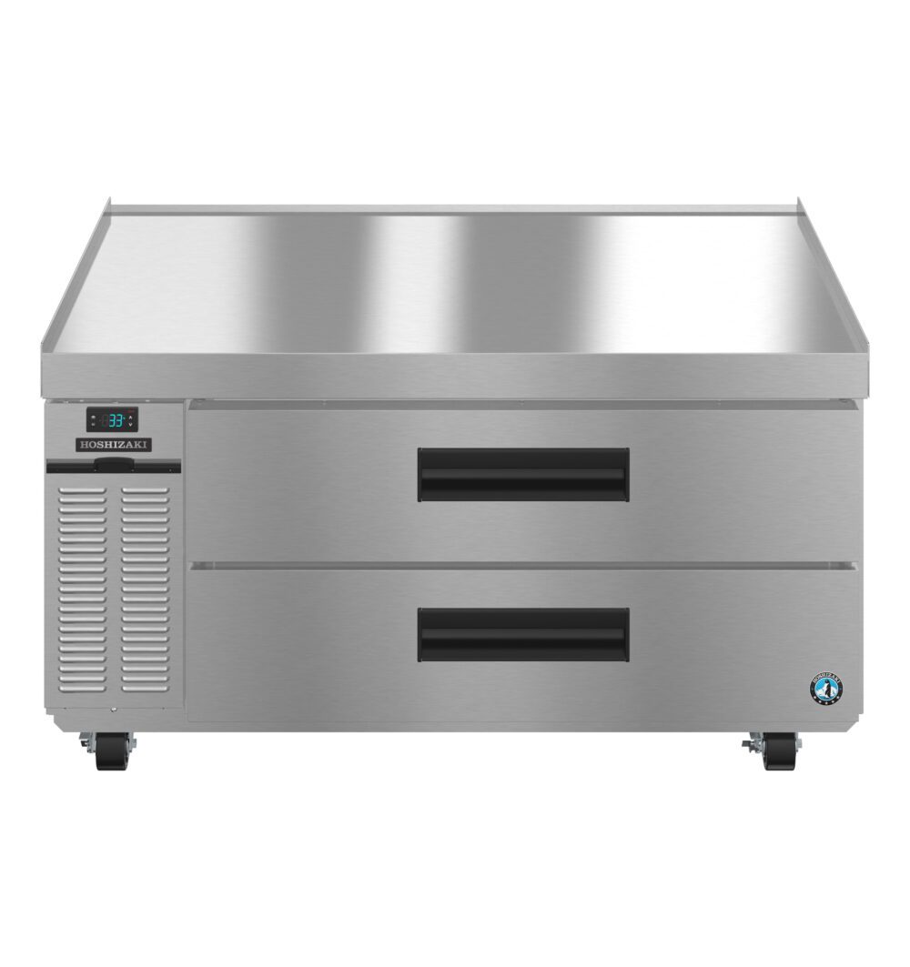 A commercial stainless steel refrigerator with two pull-out drawers, digital temperature display, and mounted on wheels.