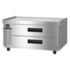Stainless steel commercial refrigerator with two pull-out drawers, digital temperature display, and caster wheels.