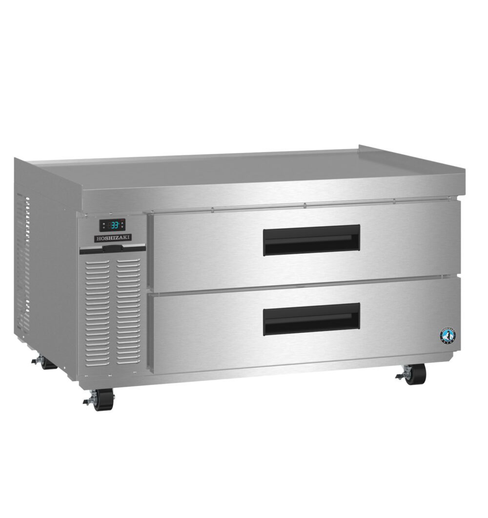 Stainless steel commercial refrigeration unit with two pull-out drawers, digital temperature display, and wheels for mobility.