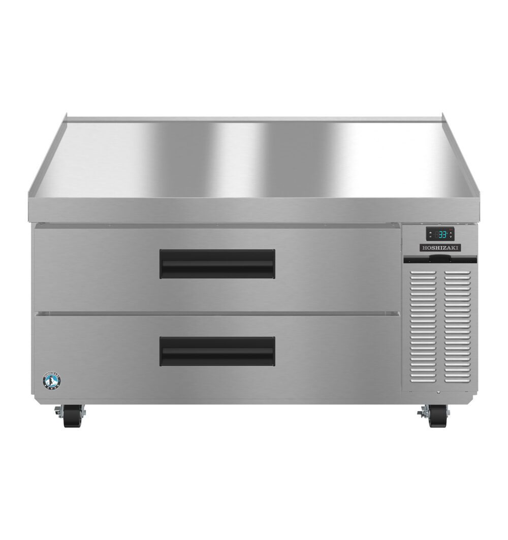 Stainless steel commercial refrigerator with two pull-out drawers, digital temperature display, and casters for mobility.